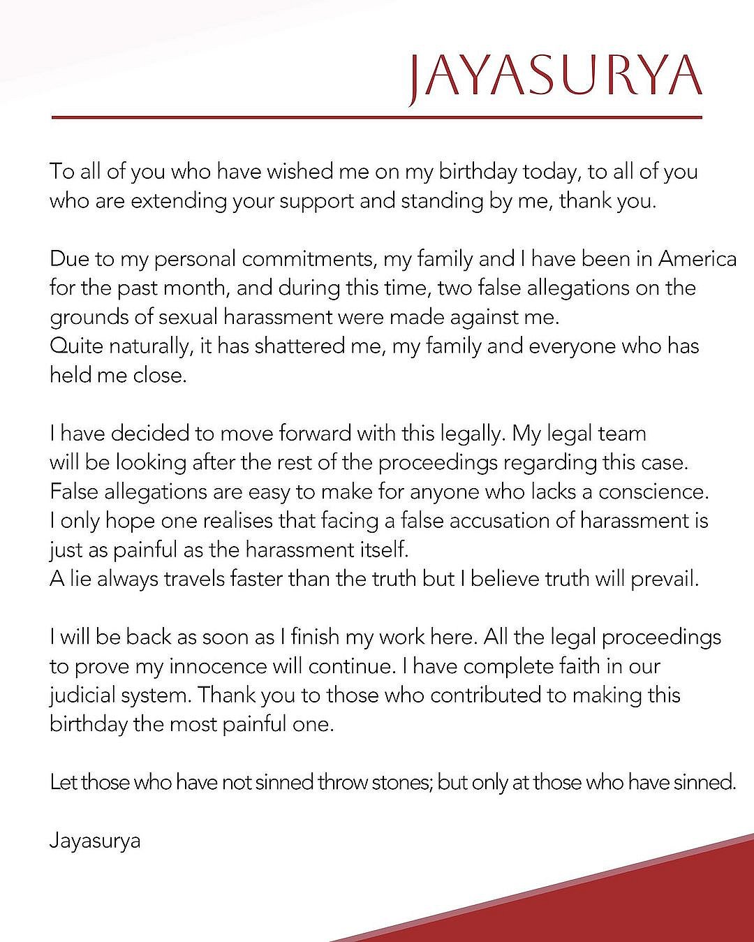 ஜெயசூர்யாவின் அறிக்கை.